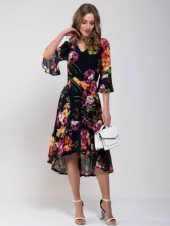 Jolie Moi Dipped Hem Mesh Midi Dress, Navy Floral