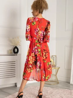 Jolie Moi Dipped Hem Mesh Midi Dress, Red Floral