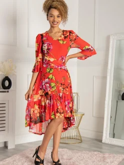 Jolie Moi Dipped Hem Mesh Midi Dress, Red Floral