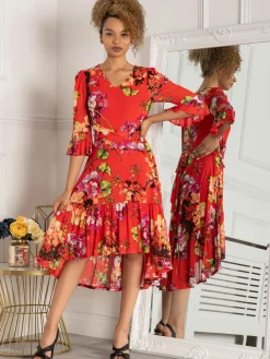 Jolie Moi Dipped Hem Mesh Midi Dress, Red Floral