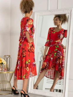 Jolie Moi Dipped Hem Mesh Midi Dress, Red Floral