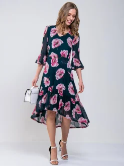Jolie Moi Dipped Hem Mesh Midi Dress, Teal Floral
