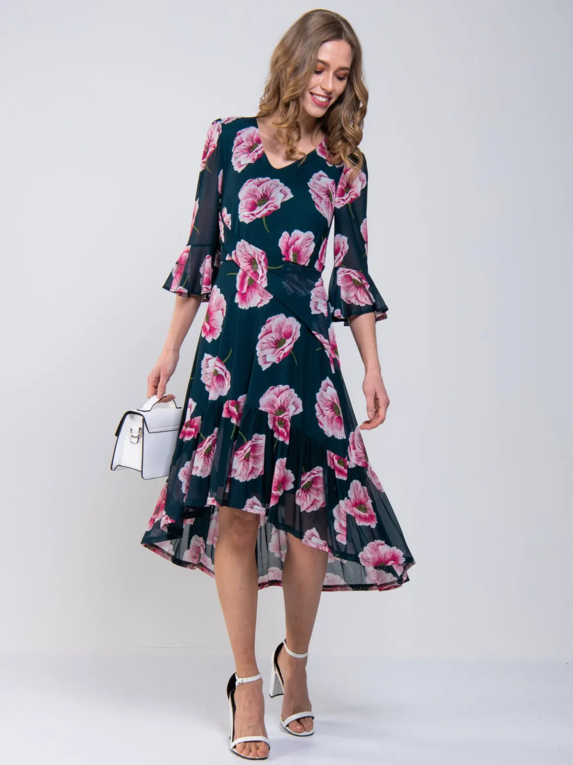 Jolie Moi Dipped Hem Mesh Midi Dress, Teal Floral