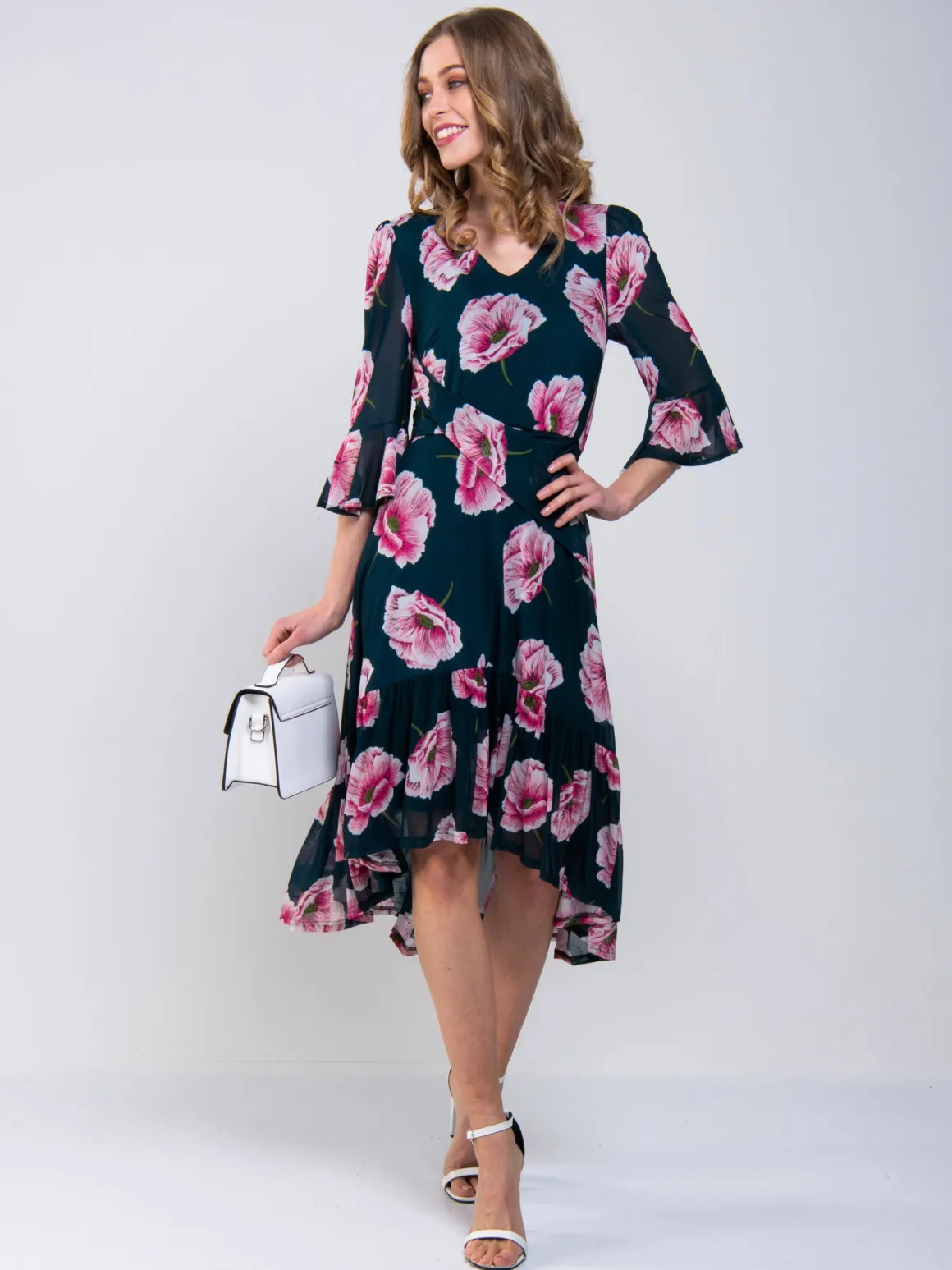 Jolie Moi Dipped Hem Mesh Midi Dress, Teal Floral