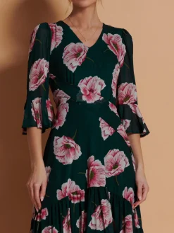 Jolie Moi Dipped Hem Mesh Midi Dress, Teal Floral
