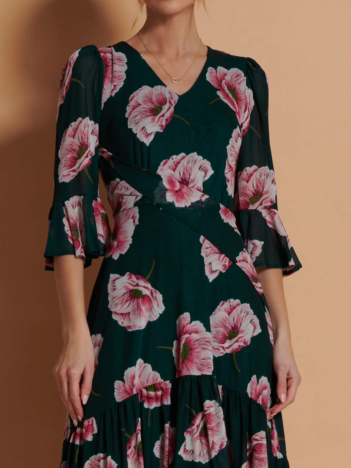 Jolie Moi Dipped Hem Mesh Midi Dress, Teal Floral