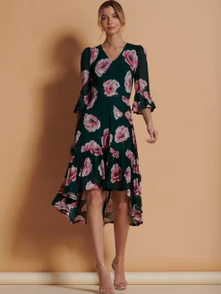 Jolie Moi Dipped Hem Mesh Midi Dress, Teal Floral