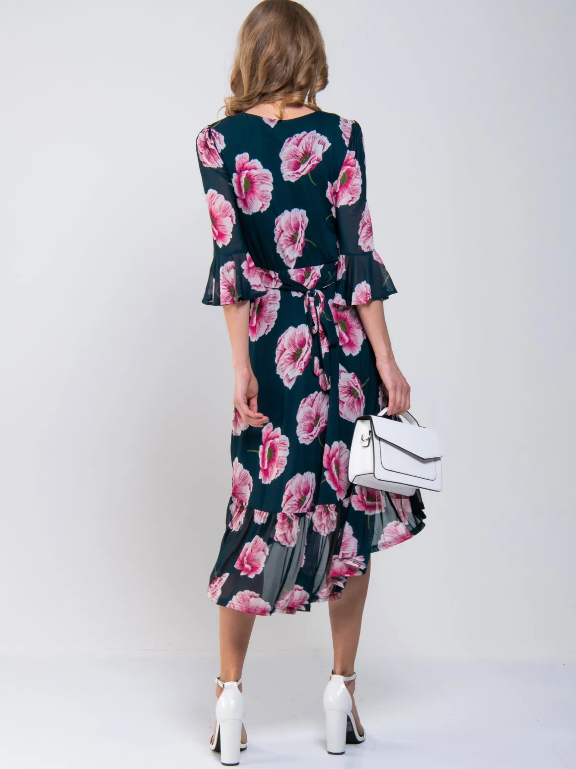 Jolie Moi Dipped Hem Mesh Midi Dress, Teal Floral