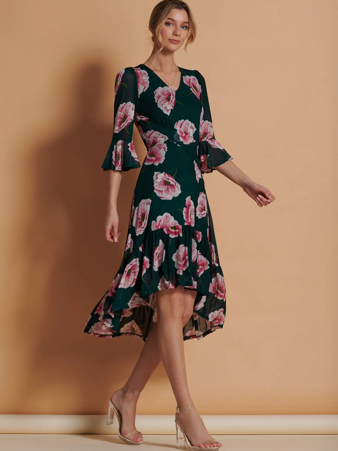 Jolie Moi Dipped Hem Mesh Midi Dress, Teal Floral