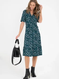 Jolie Moi Dixie Animal Print Twist Front Midi Dress, Green Animal