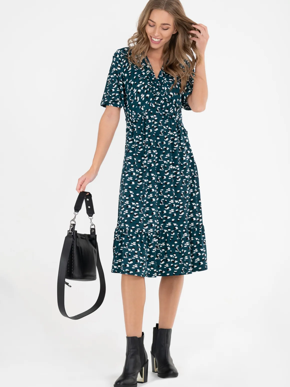 Jolie Moi Dixie Animal Print Twist Front Midi Dress, Green Animal