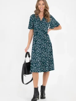 Jolie Moi Dixie Animal Print Twist Front Midi Dress, Green Animal