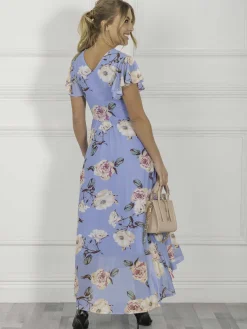 Jolie Moi Eliza Dip Hem Mesh Maxi Dress, Blue Floral