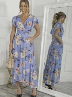 Jolie Moi Eliza Dip Hem Mesh Maxi Dress, Blue Floral