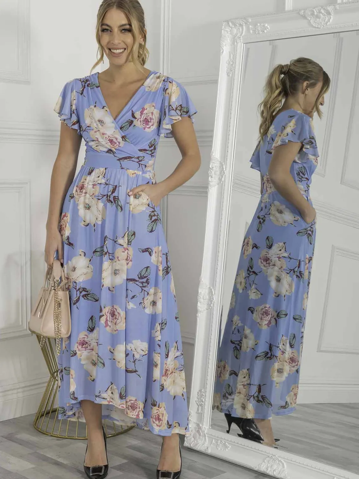 Jolie Moi Eliza Dip Hem Mesh Maxi Dress, Blue Floral