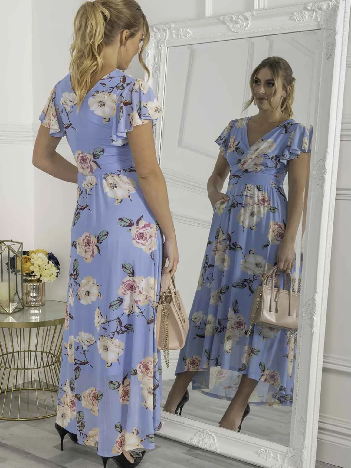 Jolie Moi Eliza Dip Hem Mesh Maxi Dress, Blue Floral