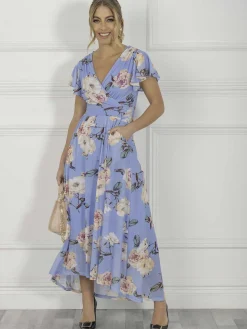 Jolie Moi Eliza Dip Hem Mesh Maxi Dress, Blue Floral