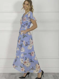 Jolie Moi Eliza Dip Hem Mesh Maxi Dress, Blue Floral