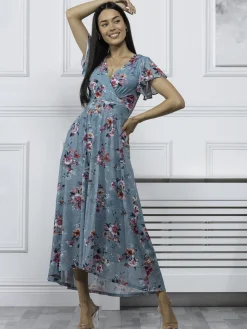 Jolie Moi Eliza Dip Hem Mesh Maxi Dress, Green Floral