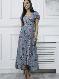 Jolie Moi Eliza Dip Hem Mesh Maxi Dress, Green Floral