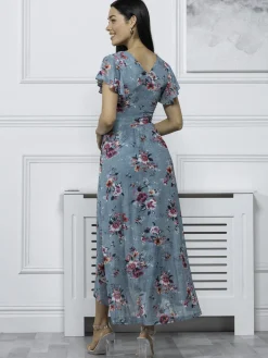 Jolie Moi Eliza Dip Hem Mesh Maxi Dress, Green Floral