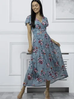 Jolie Moi Eliza Dip Hem Mesh Maxi Dress, Green Floral