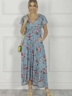 Jolie Moi Eliza Dip Hem Mesh Maxi Dress, Green Floral