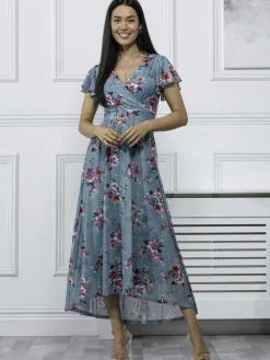 Jolie Moi Eliza Dip Hem Mesh Maxi Dress, Green Floral