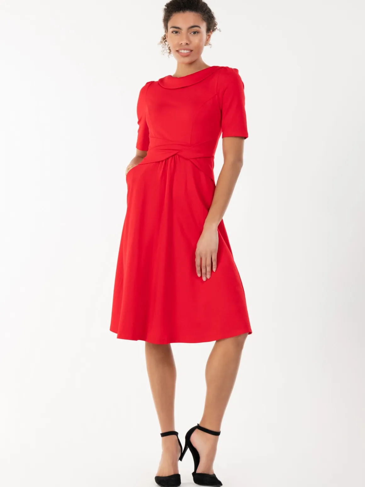 Jolie Moi Fold Over Fit and Flare Midi Dress, Red