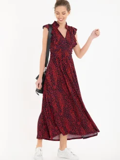 Jolie Moi Frill Detail Maxi Dress, Red Animal