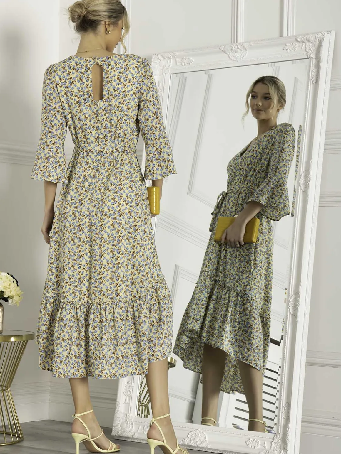 Jolie Moi Geelan Tiered Hem Maxi Dress, Yellow Floral