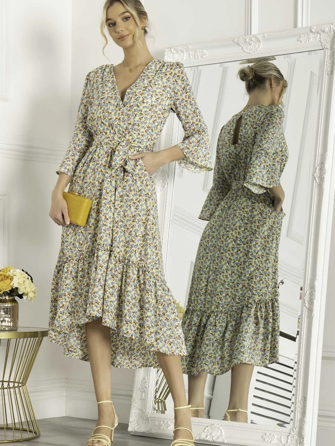 Jolie Moi Geelan Tiered Hem Maxi Dress, Yellow Floral