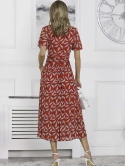Jolie Moi Giana Mesh Maxi Dress, Red Leafy