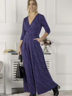 Jolie Moi Giselle Wrap Front Jumpsuit, Blue Animal
