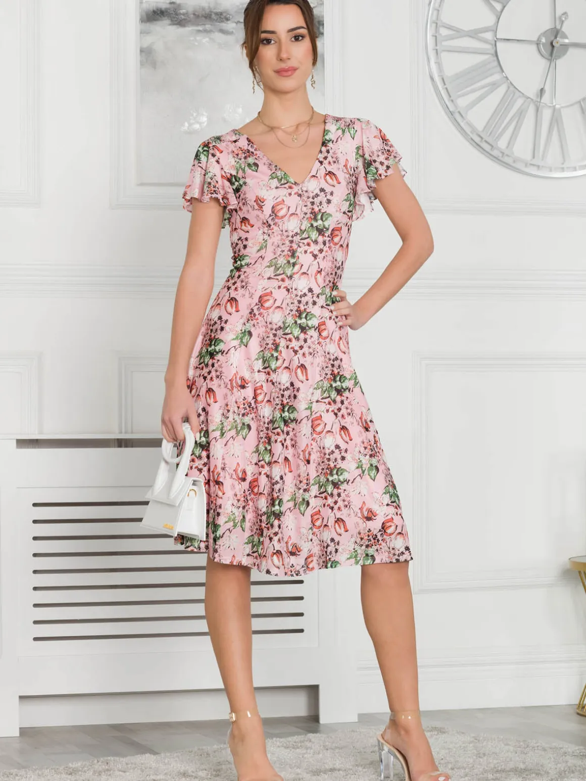 Jolie Moi Grace Mesh Midi Dress, Pink Floral
