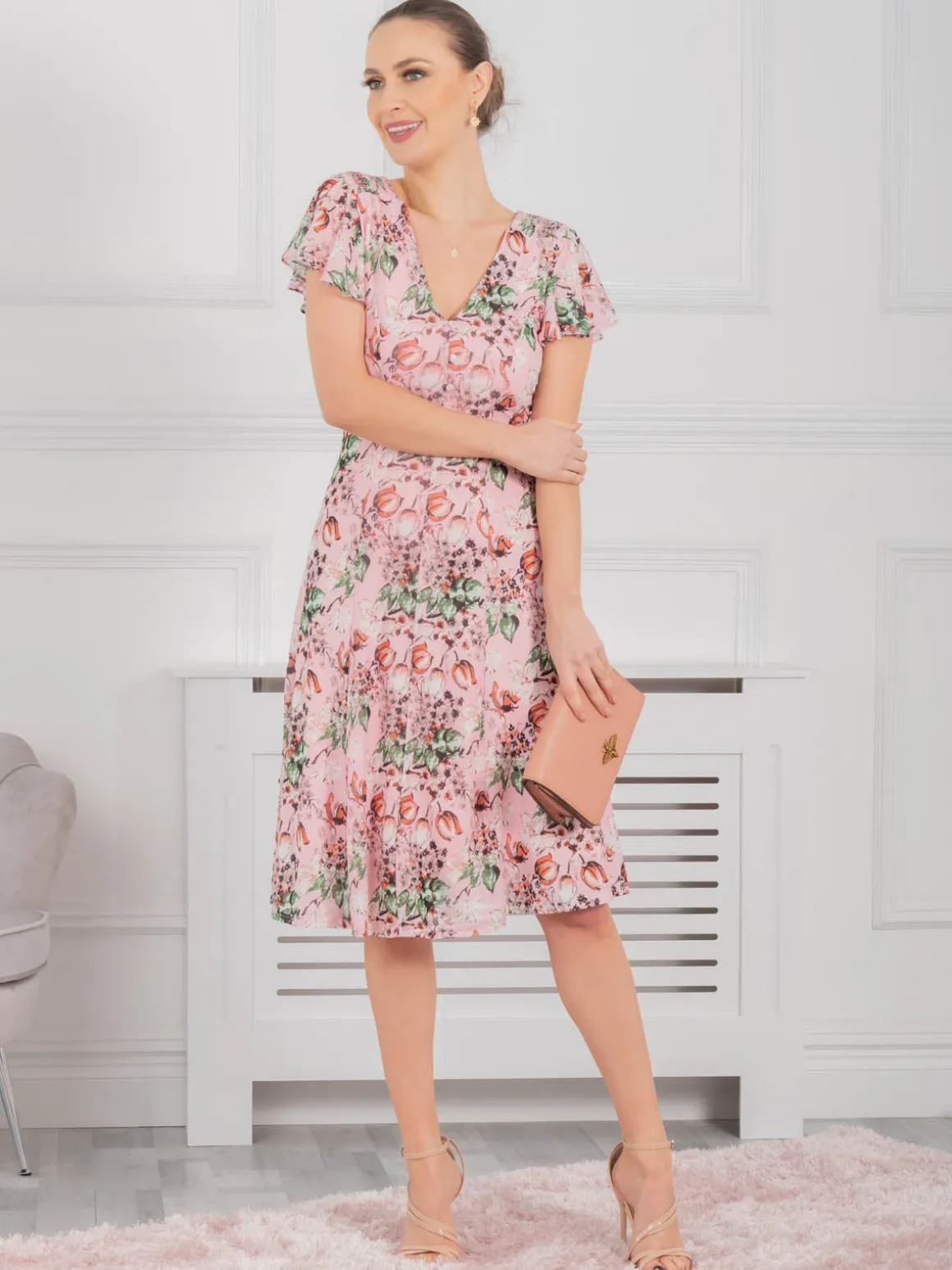 Jolie Moi Grace Mesh Midi Dress, Pink Floral