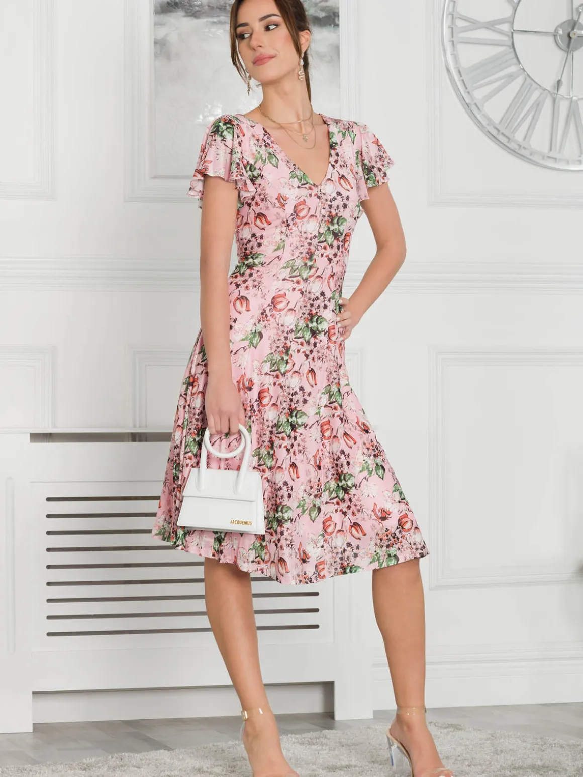 Jolie Moi Grace Mesh Midi Dress, Pink Floral