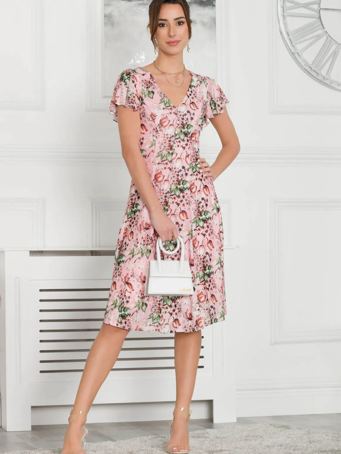 Jolie Moi Grace Mesh Midi Dress, Pink Floral