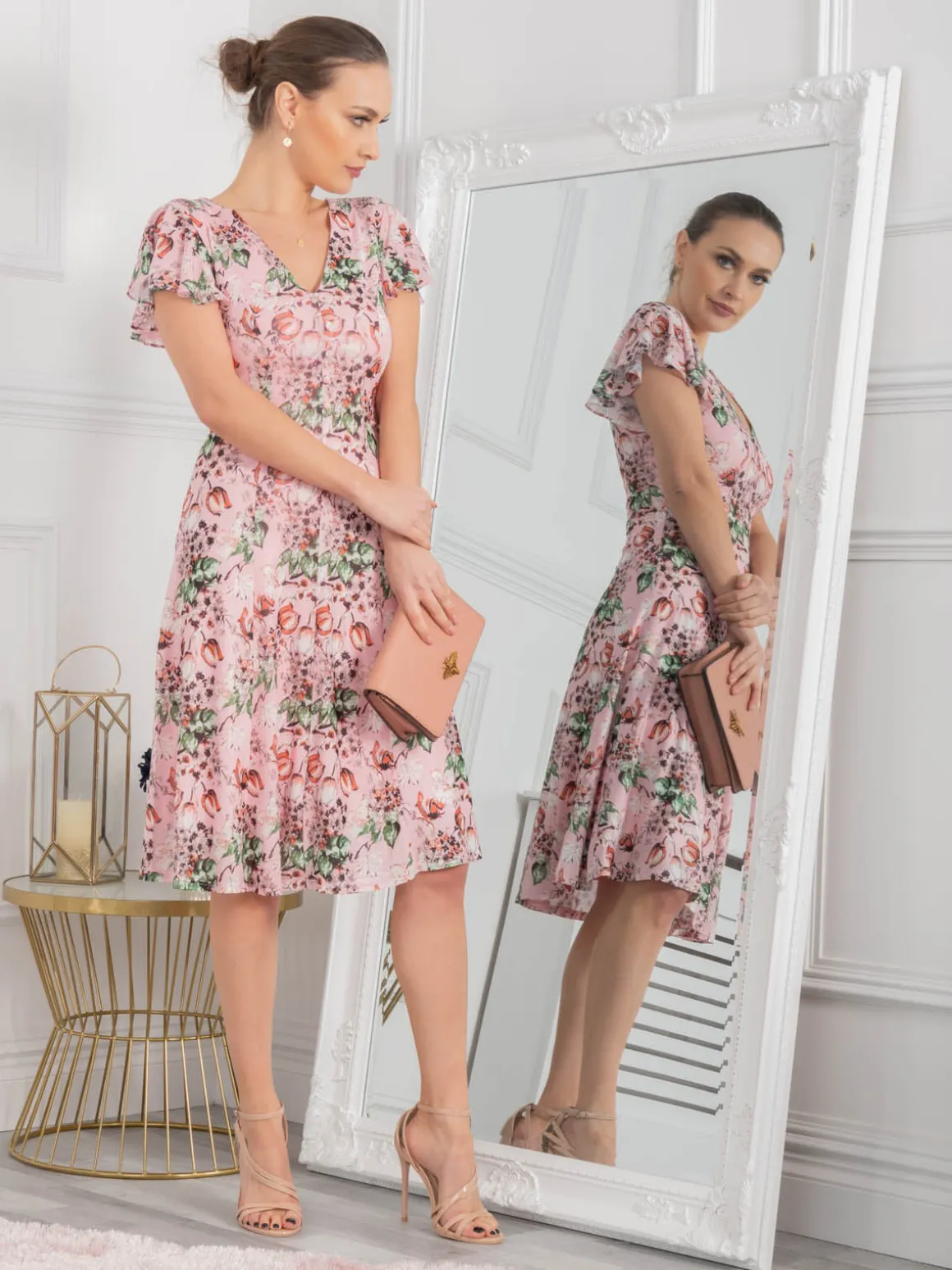 Jolie Moi Grace Mesh Midi Dress, Pink Floral