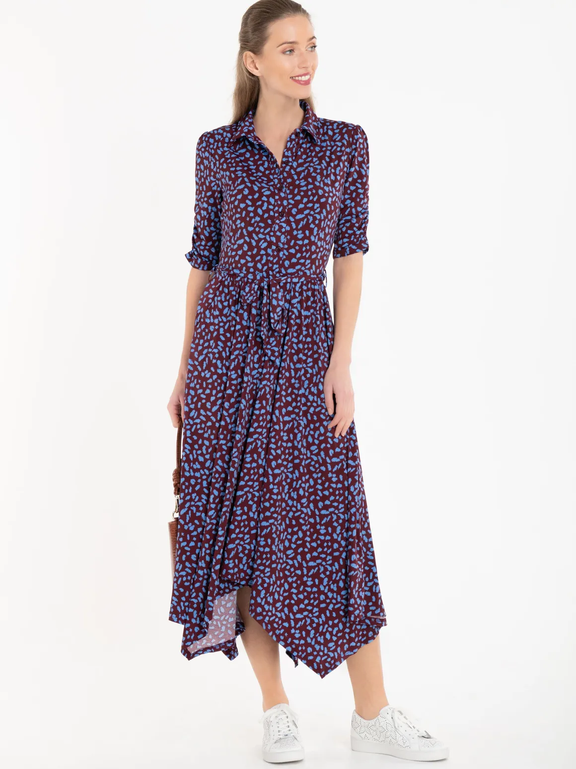 Jolie Moi Handkerchief Hem Shirt Dress, Burgundy Multi