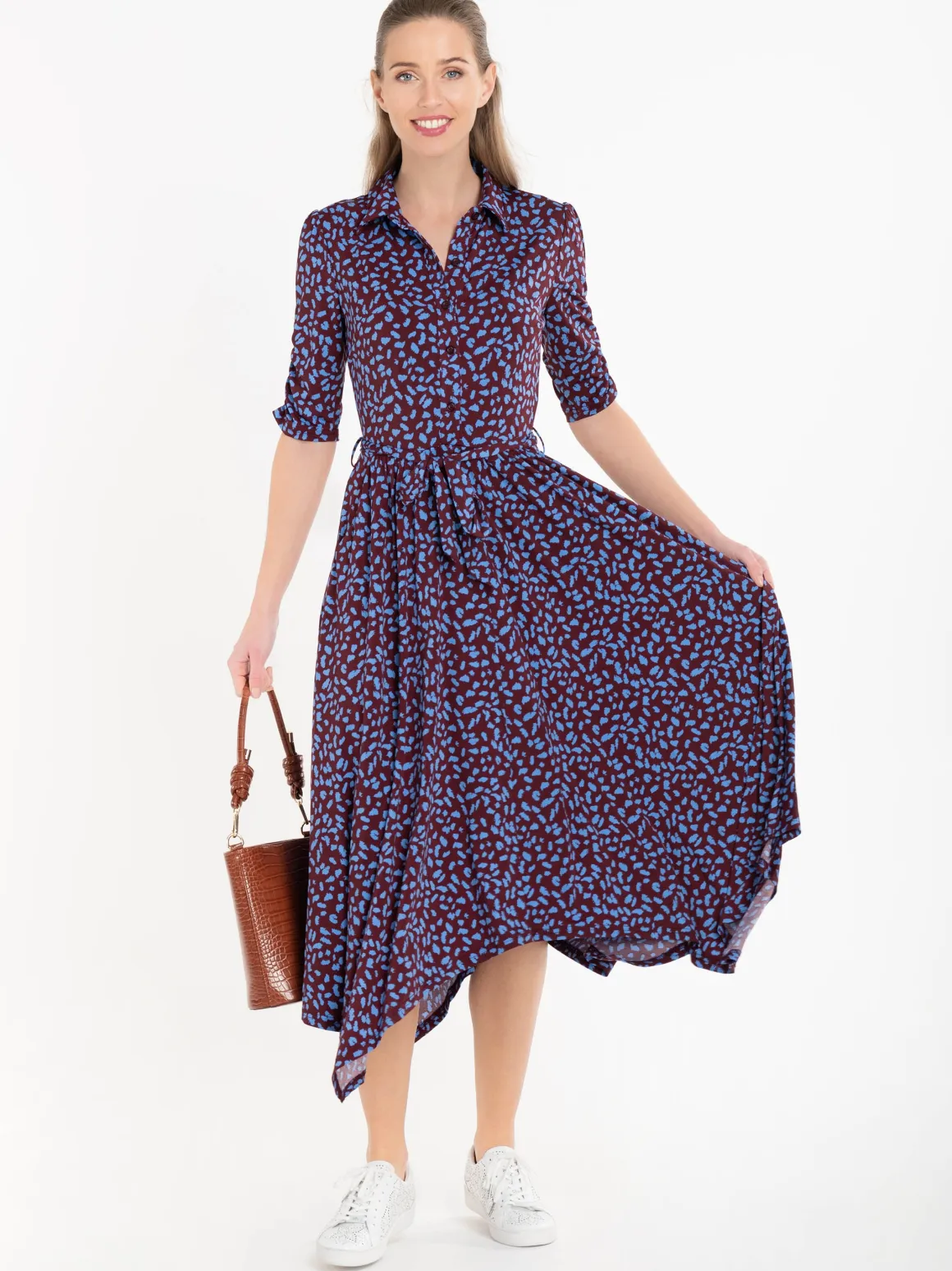 Jolie Moi Handkerchief Hem Shirt Dress, Burgundy Multi