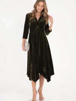 Jolie Moi Hanky Midi Velvet Dress, Soldier Green