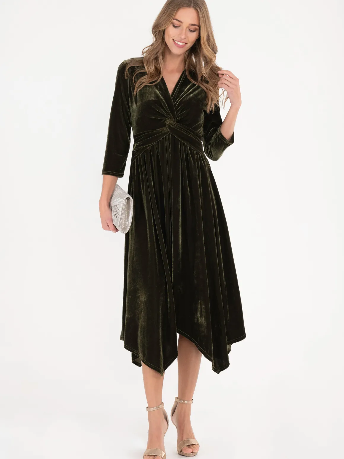 Jolie Moi Hanky Midi Velvet Dress, Soldier Green