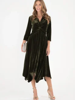 Jolie Moi Hanky Midi Velvet Dress, Soldier Green
