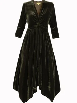 Jolie Moi Hanky Midi Velvet Dress, Soldier Green