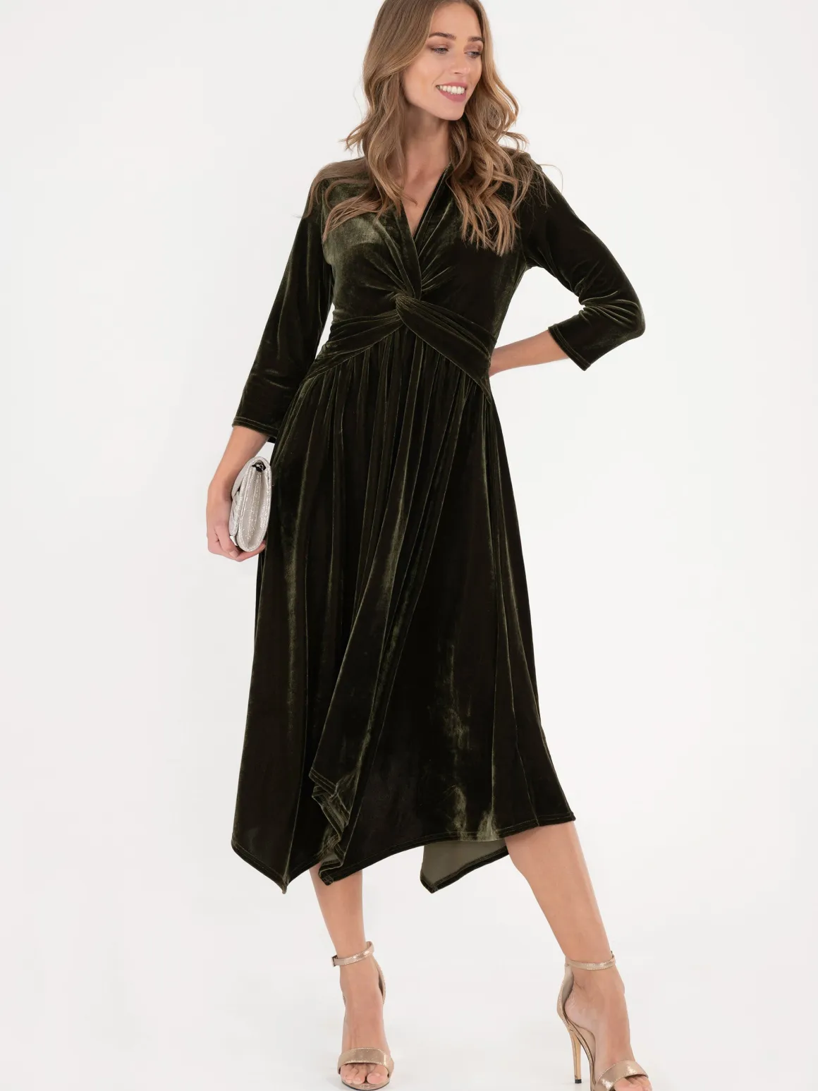 Jolie Moi Hanky Midi Velvet Dress, Soldier Green