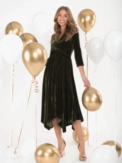 Jolie Moi Hanky Midi Velvet Dress, Soldier Green