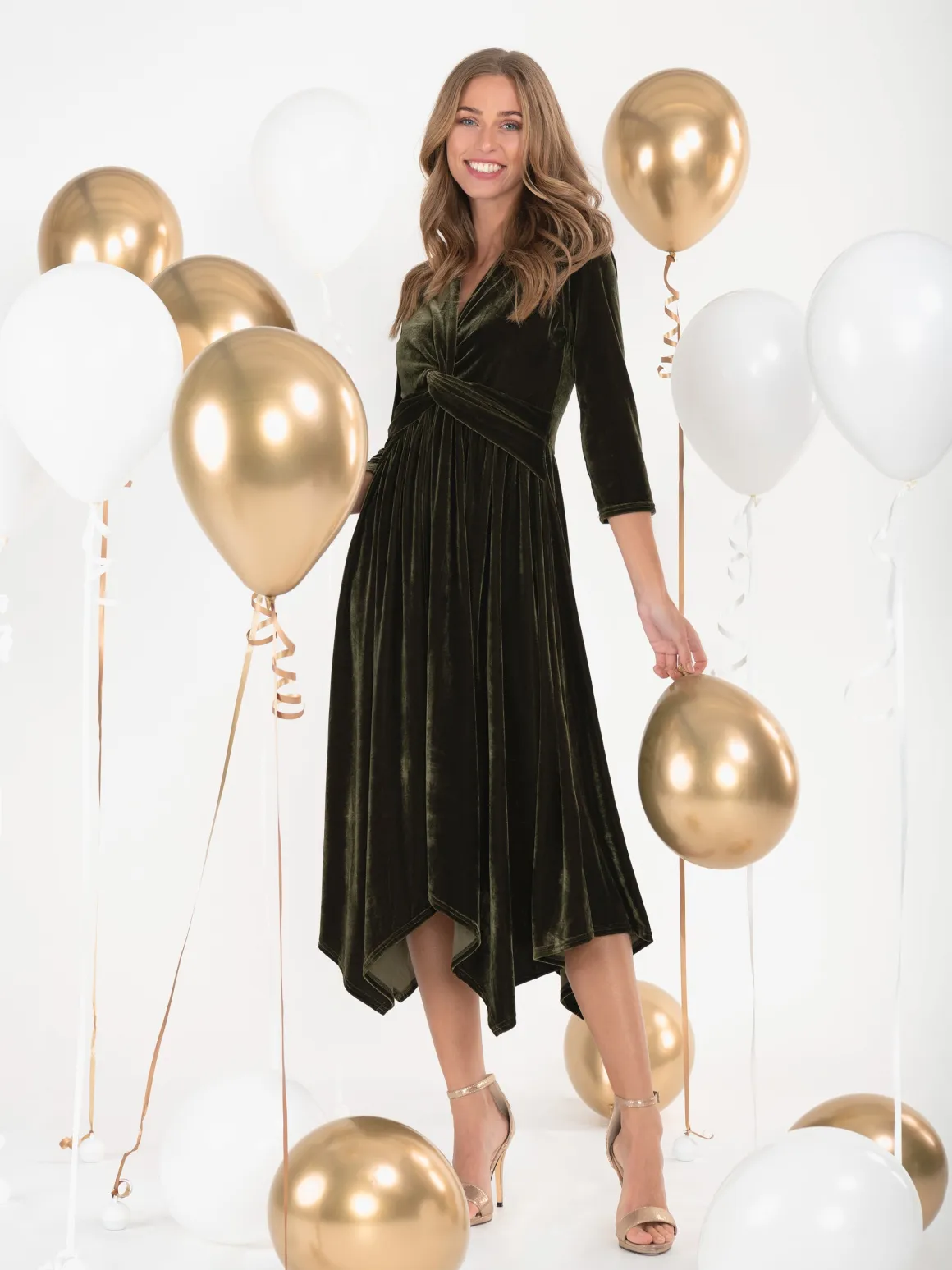 Jolie Moi Hanky Midi Velvet Dress, Soldier Green