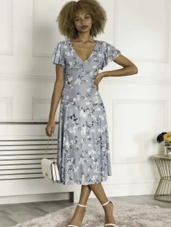 Jolie Moi Harley Floral Mesh Dress, Dusky Blue