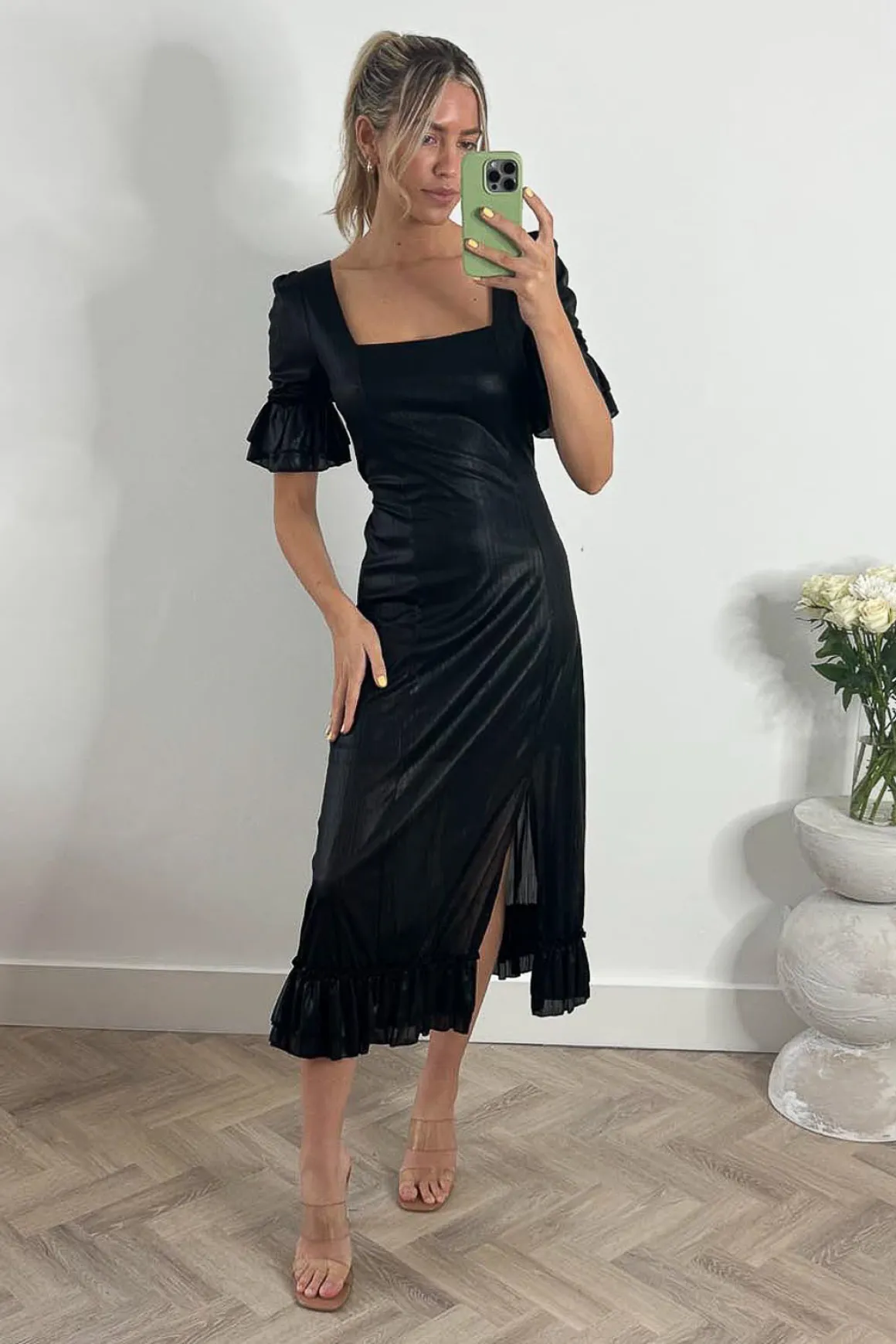 Jolie Moi Janice Square Neck Frill Midi Dress, Black